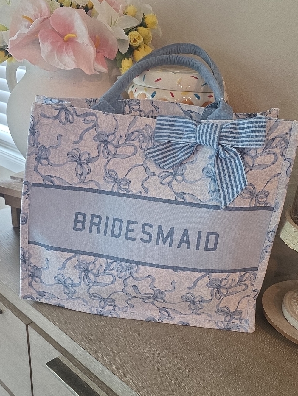Bridesmaid Decorative Canvas Tote, Blue Ribbon Print